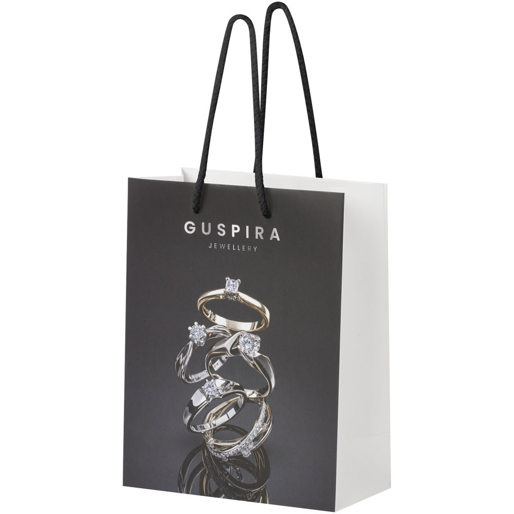 Handgefertigte 170 g/m² Integra-Papiertüte mit Kunststoffgriffen – 18 × 9 × 23 cm 